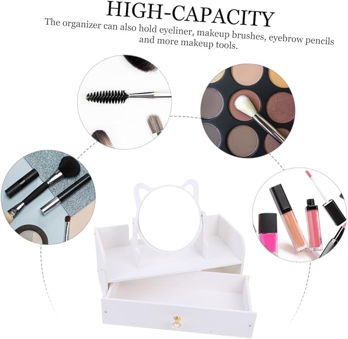 Makeup Vanity Mirror with Storage Case, Large Desktop Standing Mirror with Single Drawer, Round Cosmetic Organizer for Women’s Tabletop Dressing Table