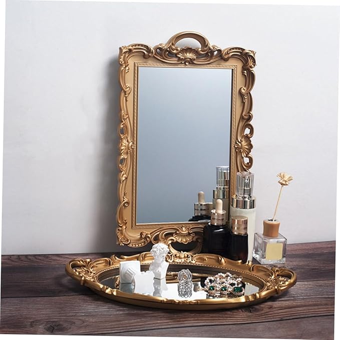 Golden Retro Mirror Tray Decorative Makeup Organizer Vanity Photo Prop European Style Rectangular Plastic Storage Plate for Perfume and Jewelry Display