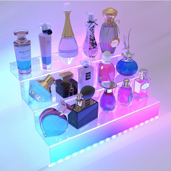 12 IN Clear Display Riser Stand with LED Light， Acrylic Organizer for Perfume, Figures, Cupcake, Dessert, Cologne Holder, Desktop Display Stand for Organize and Decoration