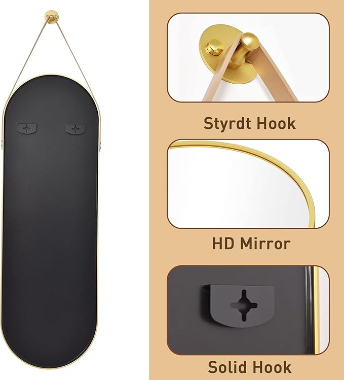 Full Length Mirror, Oval Wall Mounted Mirror, 48"x16" Door Mirrors with Hanging Leather Strap, Wall Mirrors Full Length with Aluminum Frame for Bathroom Living Room Entryway (Gold)