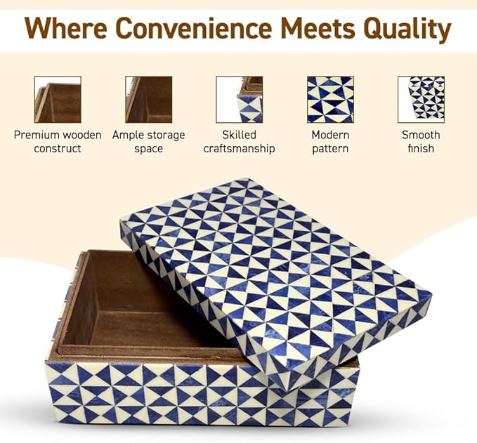 Perilla Home ﻿Home Decor Decorative Storage Wooden Box Small Rectangle Wooden Organizer Tool Stash Card Craft Book Treasure Trinket Memory Keepsake Jewelry Box Jestor Gifts For All Blue and off white