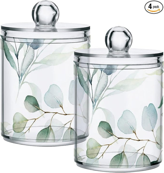 4 Pack Qtip Holder Dispenser Watercolor Green Eucalyptus Leaves Cotton Ball Cotton Swab Round Pads Floss Clear Bathroom Storage Containers Plastic Apothecary Jars with Lids