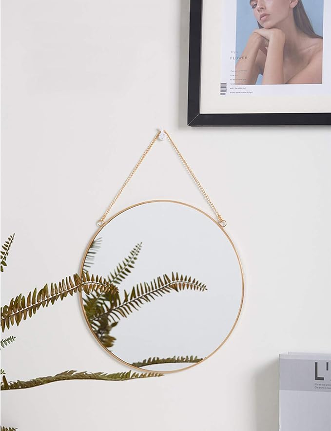 Dahey 11.8-inch Small Hanging Circle Mirror Wall Decor Gold Round Mirror with Hanging Chain for Bathroom Bedroom Living Room Dorm College Office, Gold