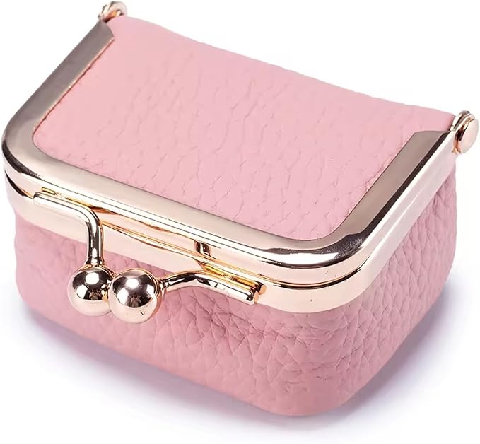 Genuine Leather Mini Jewelry Box for Women, Square Coin Purse with Kiss Lock, Jewelry Organizer Travel Case (Small, Pink)