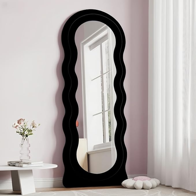 Dewfig Wavy Full Length Mirror with Stand, 63" x 24" Irregular Floor Mirror, Large Floor Length Mirror, Freestanding/Leaning/Wall Mounted, Flannel Wrapped Wooden Frame for Bedroom/Living Room, Black