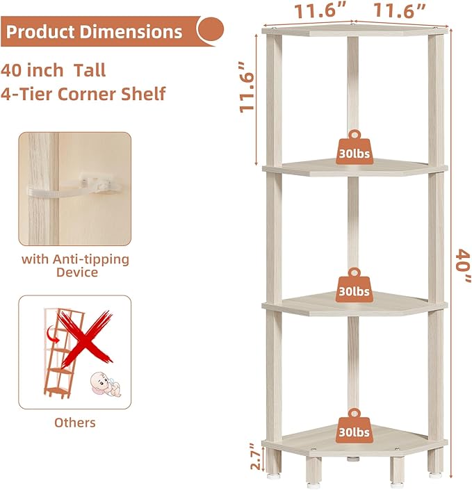 YUFAM 4-Tier Corner Shelf with Sturdy 5-Leg Base, 41in Tall Narrow Bookcase for Small Spaces, Wooden Plant Display Shelf, Thin Bookshelf for Living Room, Bedroom, Office, Grey White