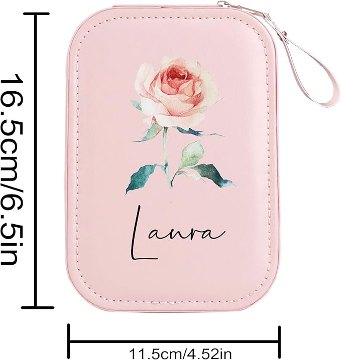 Personalized Birth Flower Travel Jewelry Box with Mirror Custom Name Travel Makeup Case with Led Mirror Small Travel Jewelry Case Organizer with Light Up Mirror for Women Mom