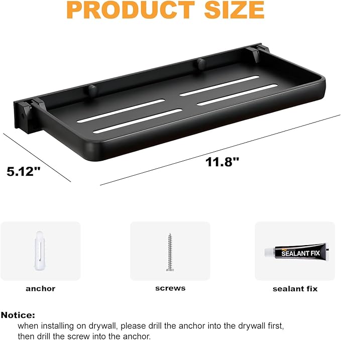 RV Fold-Down Wall Shelf, 2 pcs Aluminum Folding Shelf, 90° Space-Saving Camper Bathroom & Kitchen Organizer, Dual Installation (No-Drill or Screws), Waterproof, Rustproof(Black)