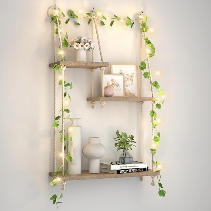 Hanging Shelves for Wall 3 Tier Macrame Rope Floating Shelves with Vine Lights Boho Wall Mounted Decor Wood Organizer Storage Rack for Bedroom, Bathroom, Kitchen