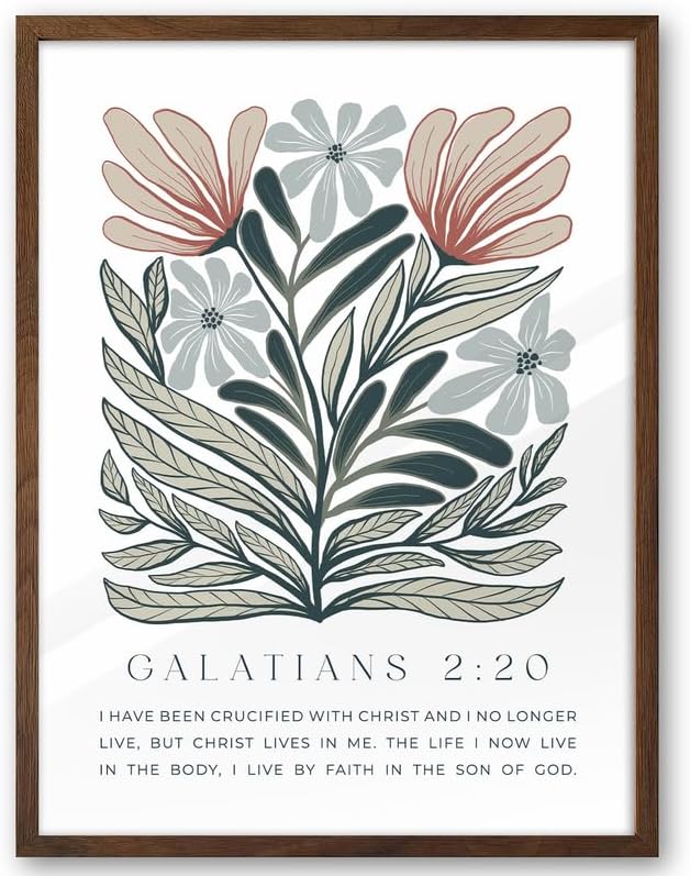 EcoHest Bible Verse Floral Framed Wall Art, 12x16 in Walnut Color OAK Wood Boho Abstract Flowers Canvas Wall Art, Galatians 2:20 Home Decor, Beige Logs Boho Christian Set of 1 for Bedroom Living Room