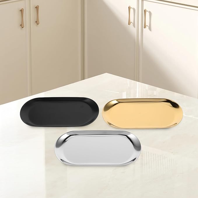 3pcs Stainless Steel Oval Jewelry Tray and Snack Storage Plate Set, 18cm Thickened Vanity Organizer for Makeup, Cosmetics, and Home Decor in Silver, Black, and Gold