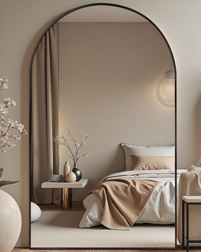 DMWOODFL 81"x41" Black Arched Full Length Mirror - Extra Large Floor/Wall Mounted, Shatterproof Glass & Aluminum Frame with Stand for Bedroom, Living Room, Entryway