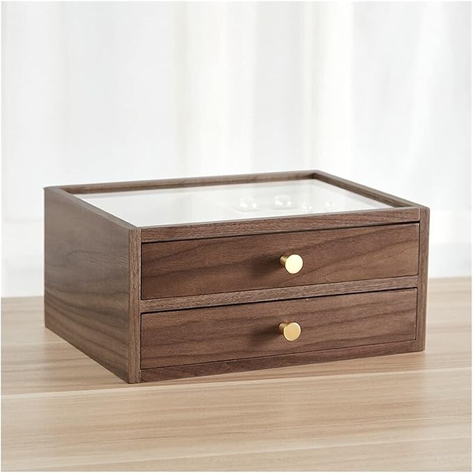 Jewelry storage box Makeup Organizers Jewelry Box,Jewelry Organizer Box Two-Layer, Jewelry Case for Women,Wood Display Case with Glass&Ring Tray,Vintage Style Walnut Jewelry Case