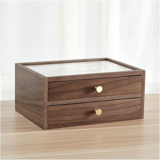 Jewelry storage box Makeup Organizers Jewelry Box,Jewelry Organizer Box Two-Layer, Jewelry Case for Women,Wood Display Case with Glass&Ring Tray,Vintage Style Walnut Jewelry Case