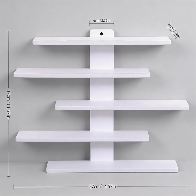 No Drill Floating Shelf for Wall, 5-Tier Wall Mounted Organizer, Damage-Free Display Shelf for Collectibles, Figures, Bathroom Kitchen Storage, White