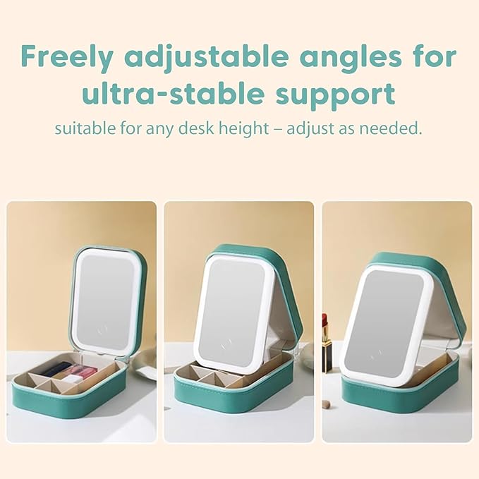 Portable LED Makeup Bag with Adjustable Light-Up Mirror - Three-Color Lighting | Dust-Proof Cosmetic Case with Multi-Compartment Storage and Jewelry Organizer (Green)