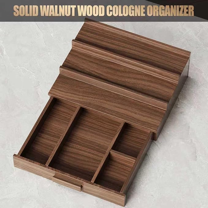 Solid Walnut Cologne Organizer for Men,Cologne Stand,3 Tier Wooden Cologne Holder Shelf Display,Perfume Stand Organizer with Drawer Storage,Gift for Men Dad Husband,Mens Valentines Day Gifts