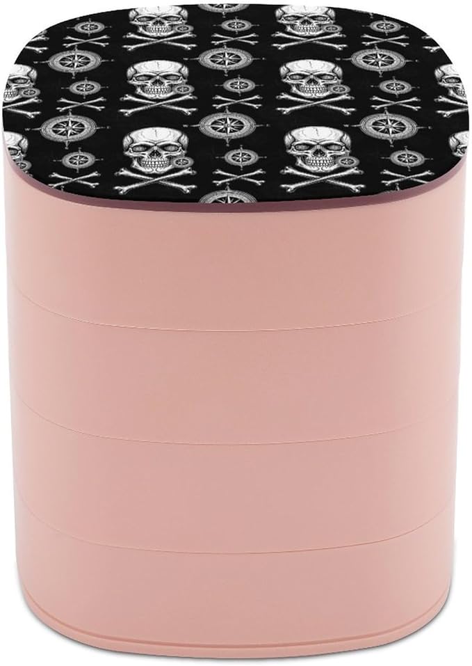 Earring Holder Organizer Jewelry Box with Mirror 3D Pirate Skull Black 4-Layer Rotatable Jewelry Storage Case for Women