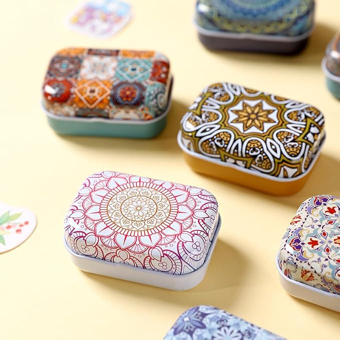 8Pcs Metal Hinged Tin Box Container Floral Farmhouse Rustic Mini Portable Small Storage Container Kit with Lid for Home Storage 2.1x1.5x1 Inch (Multicolor)
