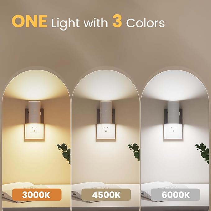 VOLISUN Night Lights Plug into Wall, Dimmable LED Nightlight with Dusk to Dawn Light Sensor, 0-100LM Adjustable Brightness, 3 Color Temperatures, Compact Size, 2 Pack for Hallway, Bathroom White