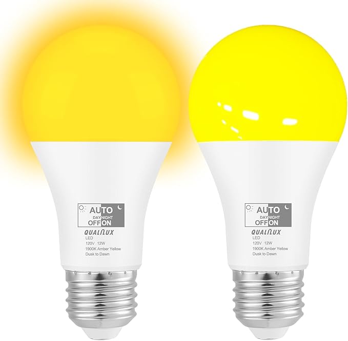 Qualilux Dusk to Dawn Light Bulbs, Auto On/Off Light Sensing LED Bulbs Outdoor, Amber Yellow Bug Light, A19 2-Pack, 12W 800LM 60W Equivalent, HQ-H019