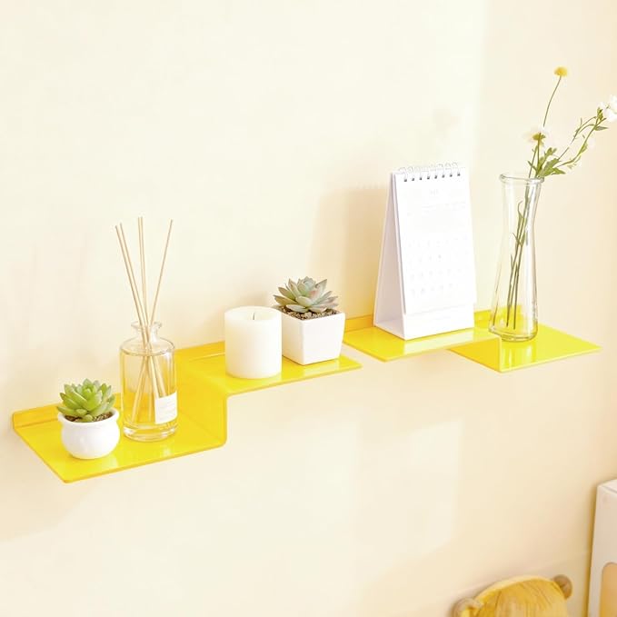 SetGame 2-Pack Acrylic Shelves Z-Shaped Display Stand Wall Mounted, 12 Inch Wall Storage Organizer for Toys, Books, Plants, Photos Album, Suit for Office, Living Room, Room Decor (Yellow)