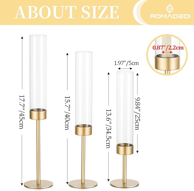 Glass Hurricane Candlestick Holders Gold - Romadedi 18 PCS Taper Candle Holder Bulk Tall Clear Glass Cylinder Table Centerpiece Wedding Decor Party Birthday Christmas Home Decorations