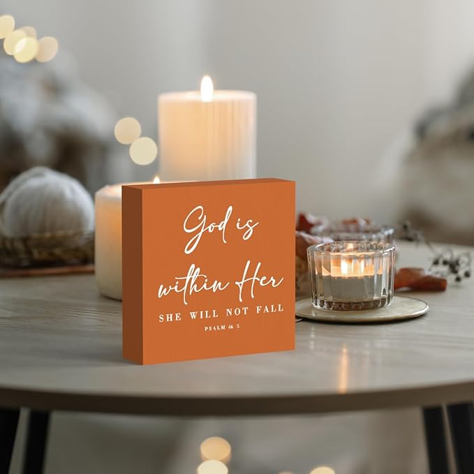 God Is Within Her Bible Verse Artwork Orange Wood Box Sign Rustic Farmhouse Style Psalm 46 : 5 Christian Wood Block Plaque 5 X 5 Inches Home Office Desk Sign Decor for Presents