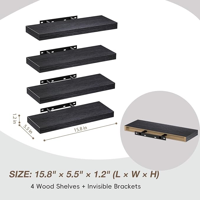 Lufia Floating Wall Shelves, Set of 4, MDF with Invisible Brackets, Modern Storage for Bedroom, Bathroom, Living Room, Kitchen (Black, 15.8" W x 5.5" D x 1.2" H)