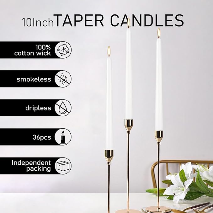 YOROXRG 36 Pack White Taper Candles, 7-8 Hours Burn Time, Unscented, Smokeless and Dripless, 0.8 x 10 Inch Dinner Candle Set for Household, Wedding, Party and Home Décor Candlesticks