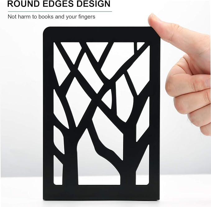MaxGear Book Ends Tree Design Modern Bookends for Shelves, Non-Skid Bookend, Heavy Duty Metal Book Stopper for Books/CDs, Decorative Book Shelf for Home, 7 x 4.7 x 3.5”, Black (4 Pair/8 Pieces, Large)