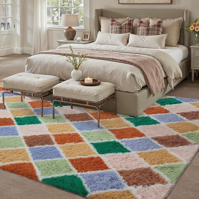 PureCozy 5x8 Checkered Rug for Bedroom Colorful Modern Soft Area Rug Fluffy Non-Slip Carpet for Living Room Playroom Home Aesthetic Decor