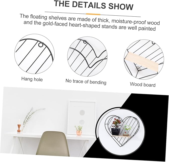 BESTOYARD 2pcs Photo Holder Wedding Decor Metal Stand Bathroom Wall Shelves Heart Hanging Shelves Metal Wall Shelves Country Wall Shelf Makeup Storage Organizer Iron Heart-Shaped Hook up