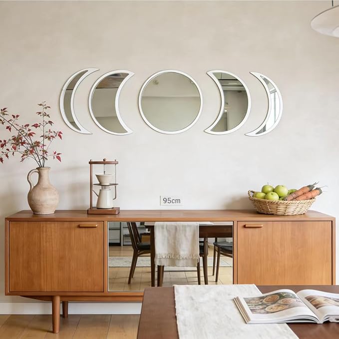 5-piece Set of Moon Phase Mirror Decorations in Nordic Style, Acrylic Mirror paired with Wooden Combination, Bohemian Style Living Room Bedroom Home Decoration, White (White)