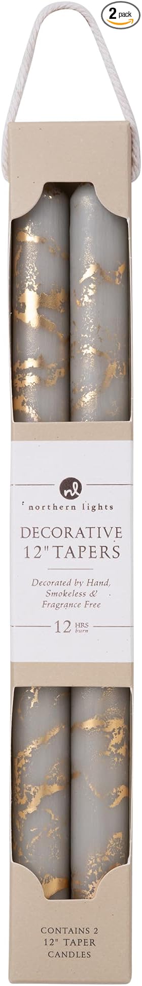 Northern Lights Candles - Premium Decorative Tapers - 12" 2PK - Stone w/Gold 73313