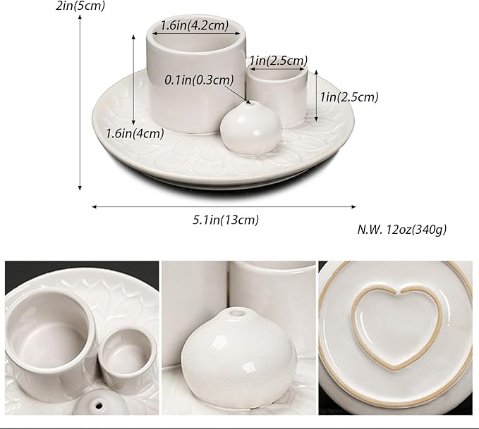 4 in 1 Multifunctional Ceramic Incense and Candle Holder with Ash Catcher Tray Suit for Burning White Sage, Palo Santo Sticks (White)