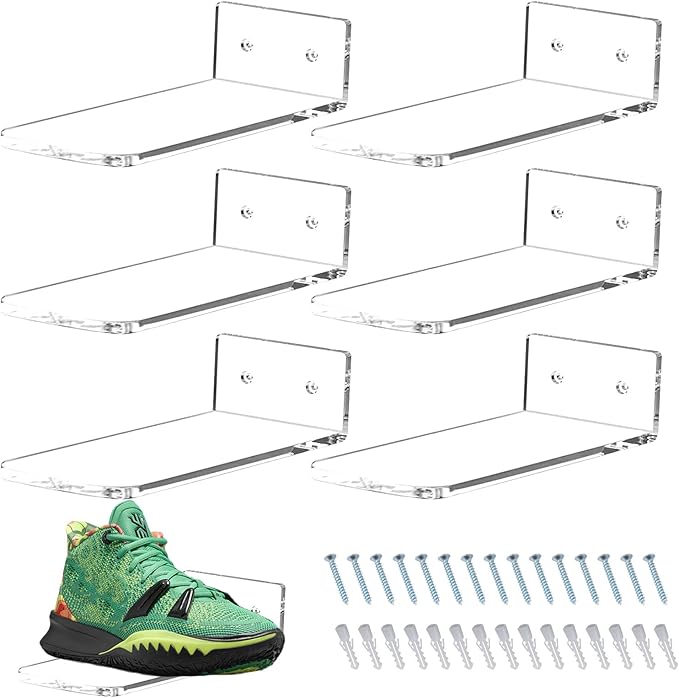 Floating Shoe Display Shelves Wall Mount Set of 6, Clear Acrylic Floating Sneaker Shelves, 8 x 3 Inch Acrylic Shoe Shelf for Wall, Shoe Display Shelf for Bedroom Hallways Sneaker Collections