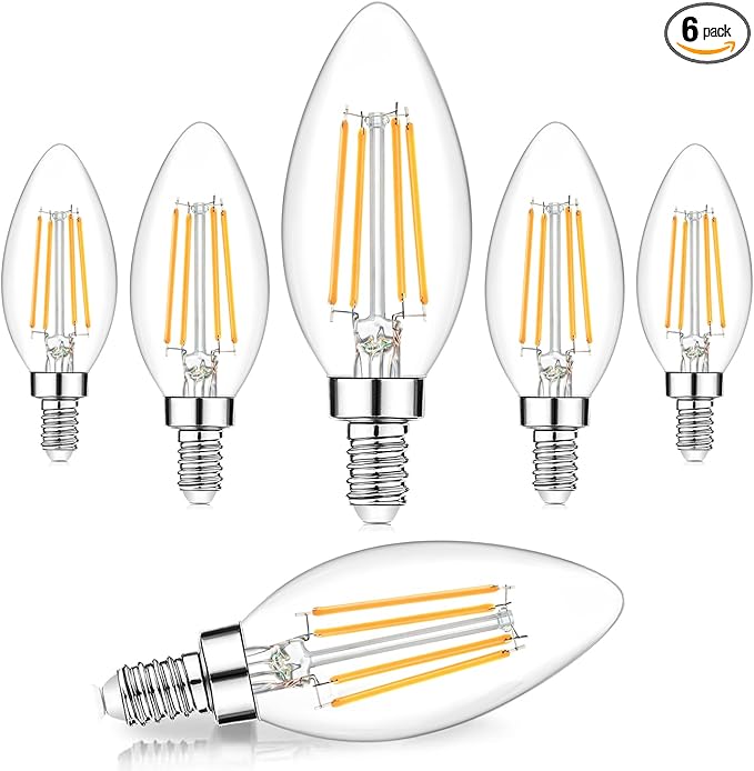 Dimmable E12 LED Candelabra Bulbs 60W Equivalent, 2700K Soft Warm White, 600 Lumens B11 Candle Base 6W C35 LED Filament Vintage Light Bulbs, Clear Glass for Chandelier Ceiling Fan High CRI 90+, 6-Pack