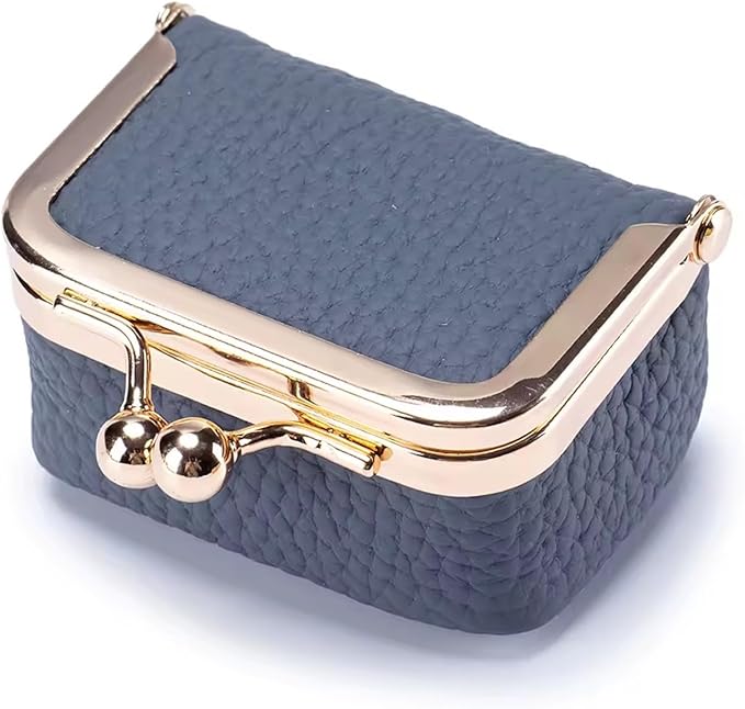 Genuine Leather Mini Jewelry Box for Women, Square Coin Purse with Kiss Lock, Jewelry Organizer Travel Case (Small, Blue)