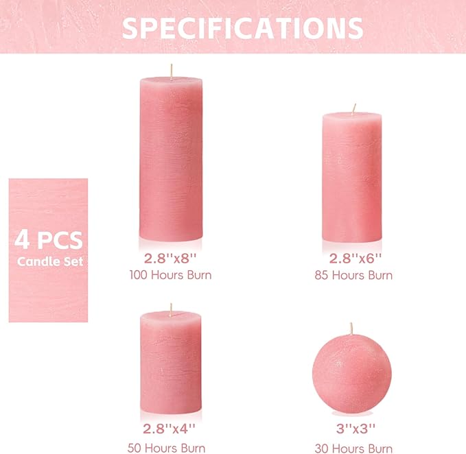 Pink Rustic Textured Pillar Candles Set - 4 Pcs Assorted Sizes Unscented Pillar Candle, Decorative Farmhouse Candles for Home Centerpiece Decor, Holiday Dinner Table, Dripless & Smokeless
