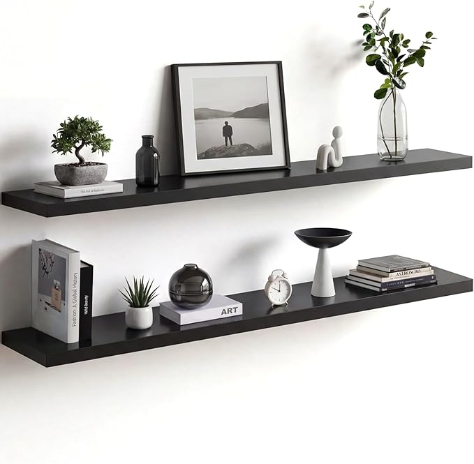 Homeforia Floating Black Shelf 60 inch, High End Solid Real Wood 60 inches Long Floating Shelves for Wall, Black Wooden 60inch Large Floating Shelves, Heavy Duty Bracket, 60 X 6.5 X 1.75 in, Set of 2