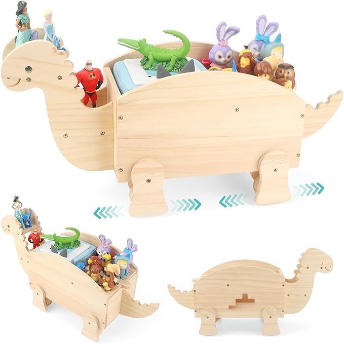 Dinosaur for Toniebox Organizer Shelf Storage – Magnetic Wooden for Tonies Shelf & Tonies Figures Display Rack, Slideable Dinosaur Car Design Compatible with Toniebox 1/2