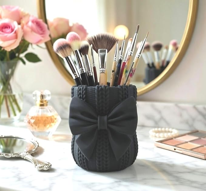 Knitted Bowknot Makeup Brush Holder, Cute Bow Vase, Pen Organizer for Kitchen, Bathroom or Office (Black)