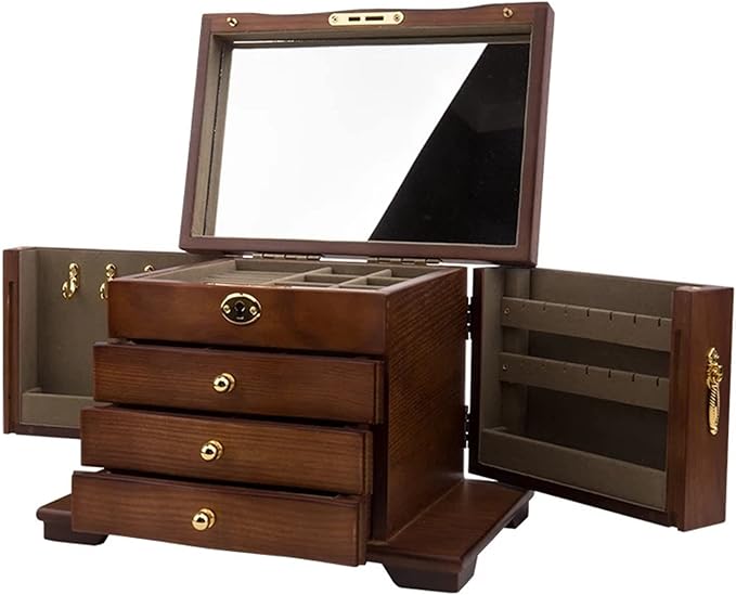 MARURY 2023 Luxury Large Wooden Jewelry Box, Jewelry Box for Women,4-Layer Jewelry Organizer, with Makeup Mirror and Lockbuckle Storage Display Earring Ring Necklace Jewellery