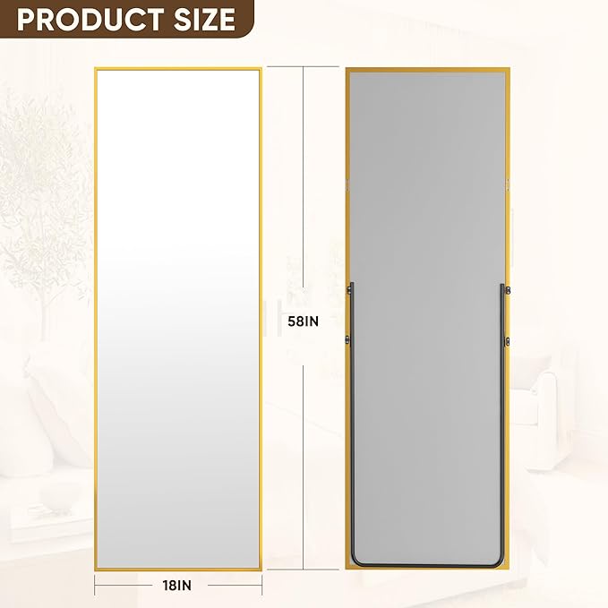 Antok Full Length Mirror, 58"x18" Floor Mirror with Stand, Hanging Mounted Mirrors for Bedroom, Living Room, Cloakroom, Dining Room, Gold, Rect