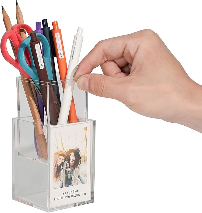Instax Mini 2x3 Polaroid Photo Acrylic Frame,Small Picture Mini Cute Display Holder for Fujifilm Instax Mini 3-inch Photos Display, Clear Acrylic Photo Pen Holder,Office Desk Organizer