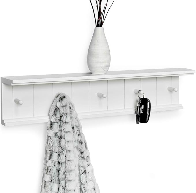 Greenco Entryway Wall Mounted Floating Shelf with Wooden Peg Style Hooks, Hat and Coat Hanging Storage Shelf, 24” – White