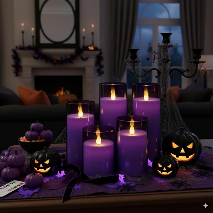Homemory Purple Flickering Flameless Candles, Battery Operated Acrylic LED Pillar Candles with Remote Control and Timer, Purple Decor, Set of 5