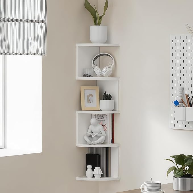 5-Tier Floating Corner Shelf Wall Mount, Heavy Duty Wall Corner Bookshelf, Multi-Purpose Plant Display Shelf for Bedroom Living Room Bathroom Home Office.(White)
