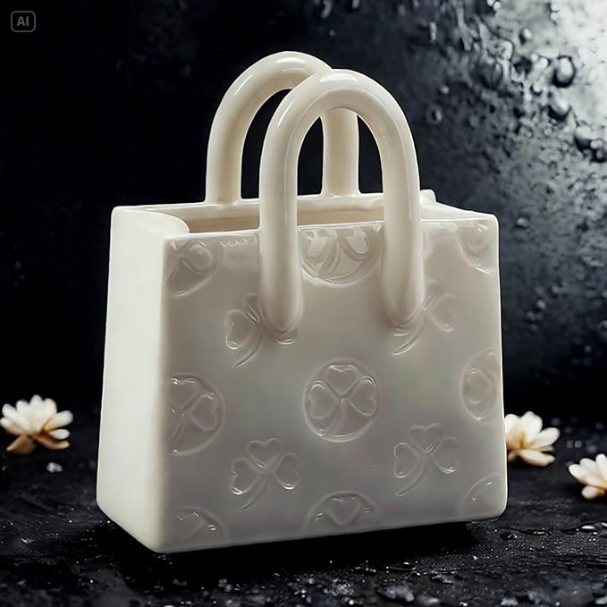 Handbag Shaped Ceramic Vase – White Small Decorative Vase with Clover Pattern, 5.9" L x 2.95" W x 7.08" H, Multi-Use for Flowers, Makeup Brushes & Pens, Elegant Gift for Women, Home & Wedding Decor
